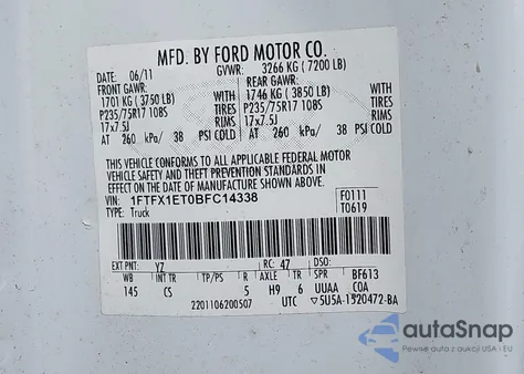 2011 Ford F-150 Xl из США, поврежденный, VIN 1FTFX1ET0BFC14338